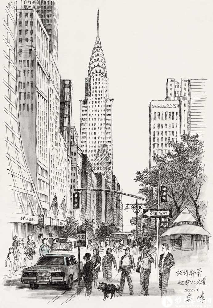 纽约街景_素描及速写在线展_谷嶙作品展_谷嶙在线作品