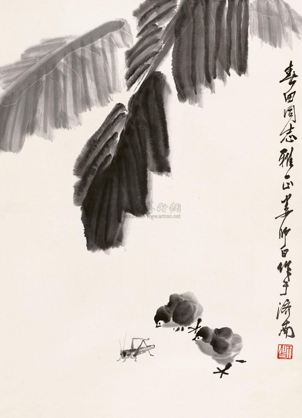 0297 芭蕉小鸡 立轴 水墨纸本