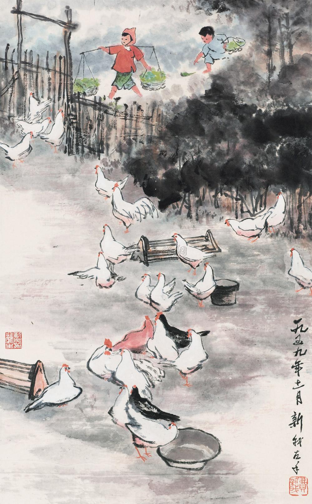 1165 1959年作 农家乐 镜框 设色纸本