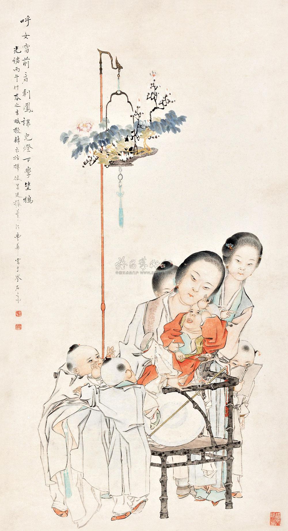 0292 教子图 立轴 设色纸本