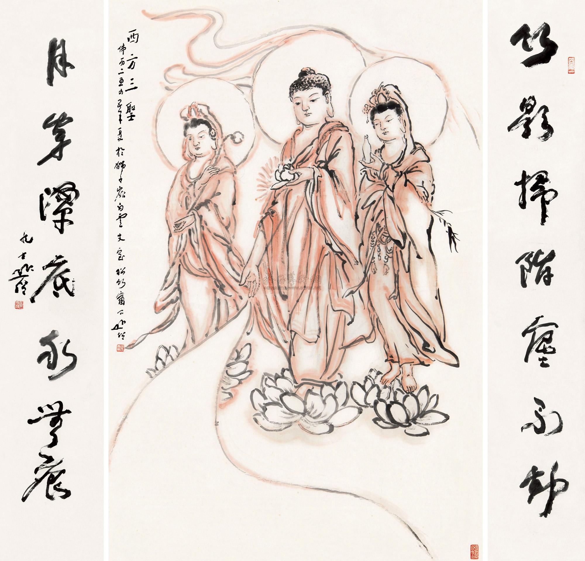 0084 西方三圣配对联 立轴 设色纸本