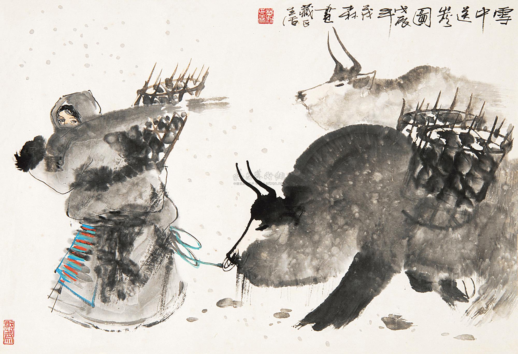 0121 雪中送炭图 镜心 设色纸本