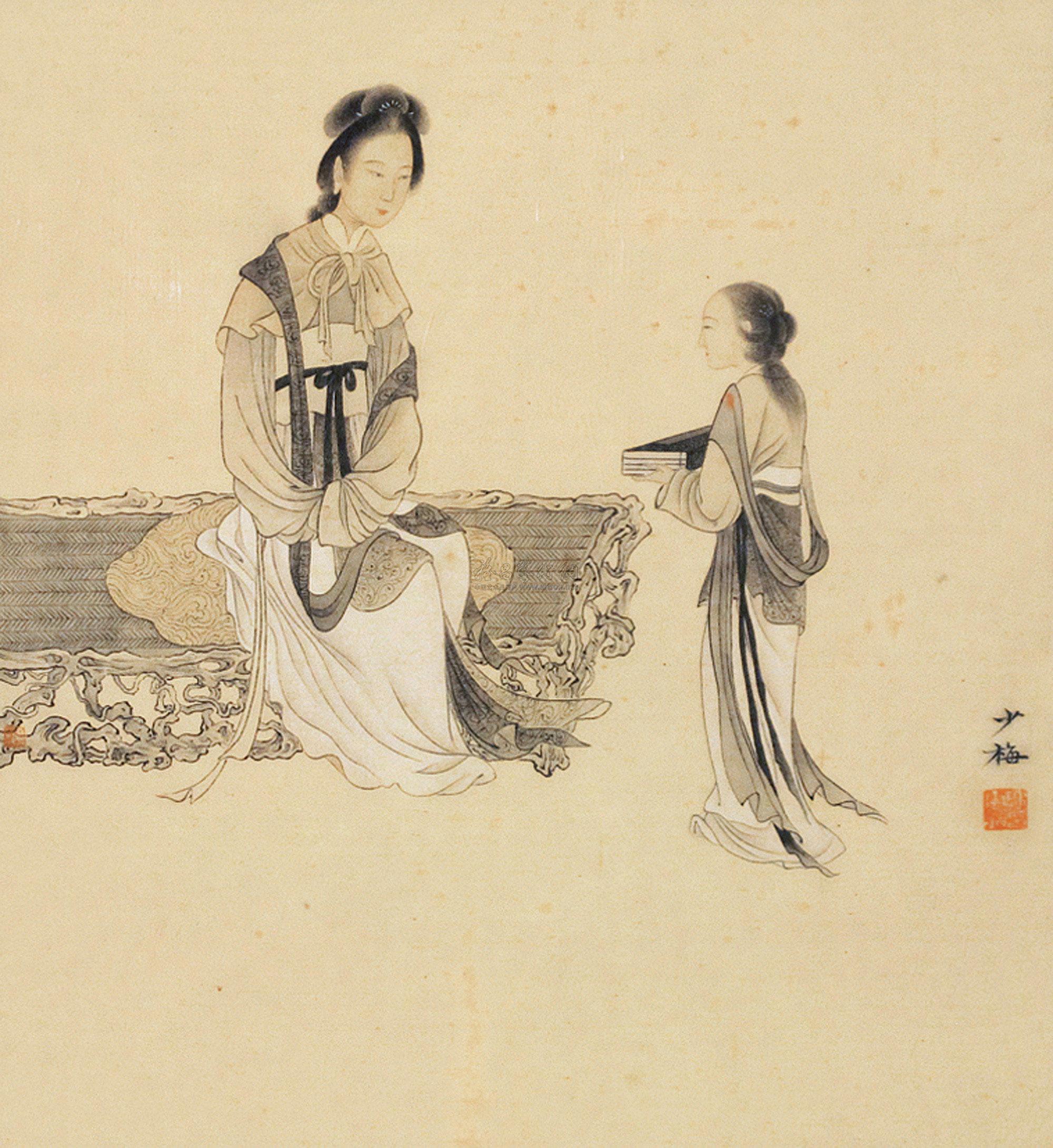 0493 仕女 镜片连框 绢本