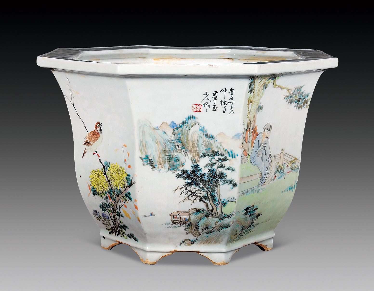 【民国 群玉山人浅绛彩绘八方八景盆】拍卖品