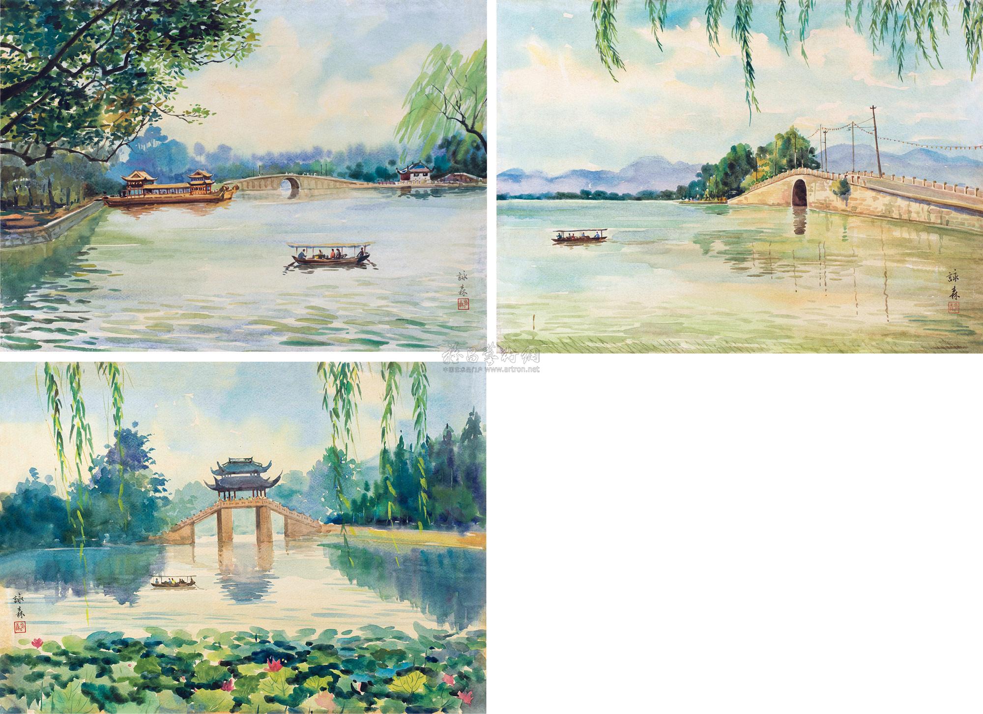 1546 西湖风景之三 (三幅) 水彩 纸本