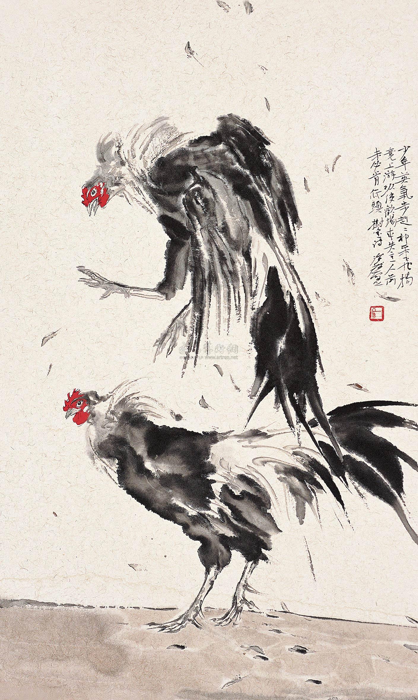 0421斗鸡镜片设色外圈田径场纸本图片