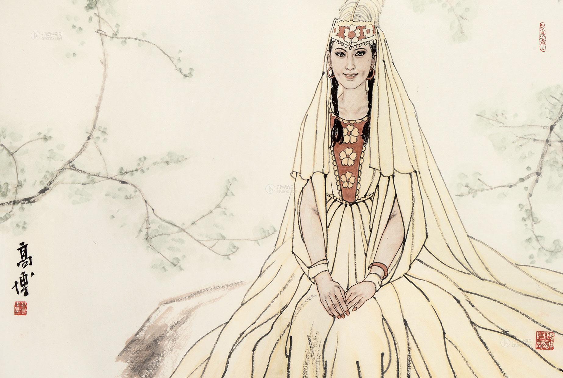 【新疆姑娘 镜框 设色纸本】拍卖品_图片_价格_鉴赏_绘画_雅昌艺术品