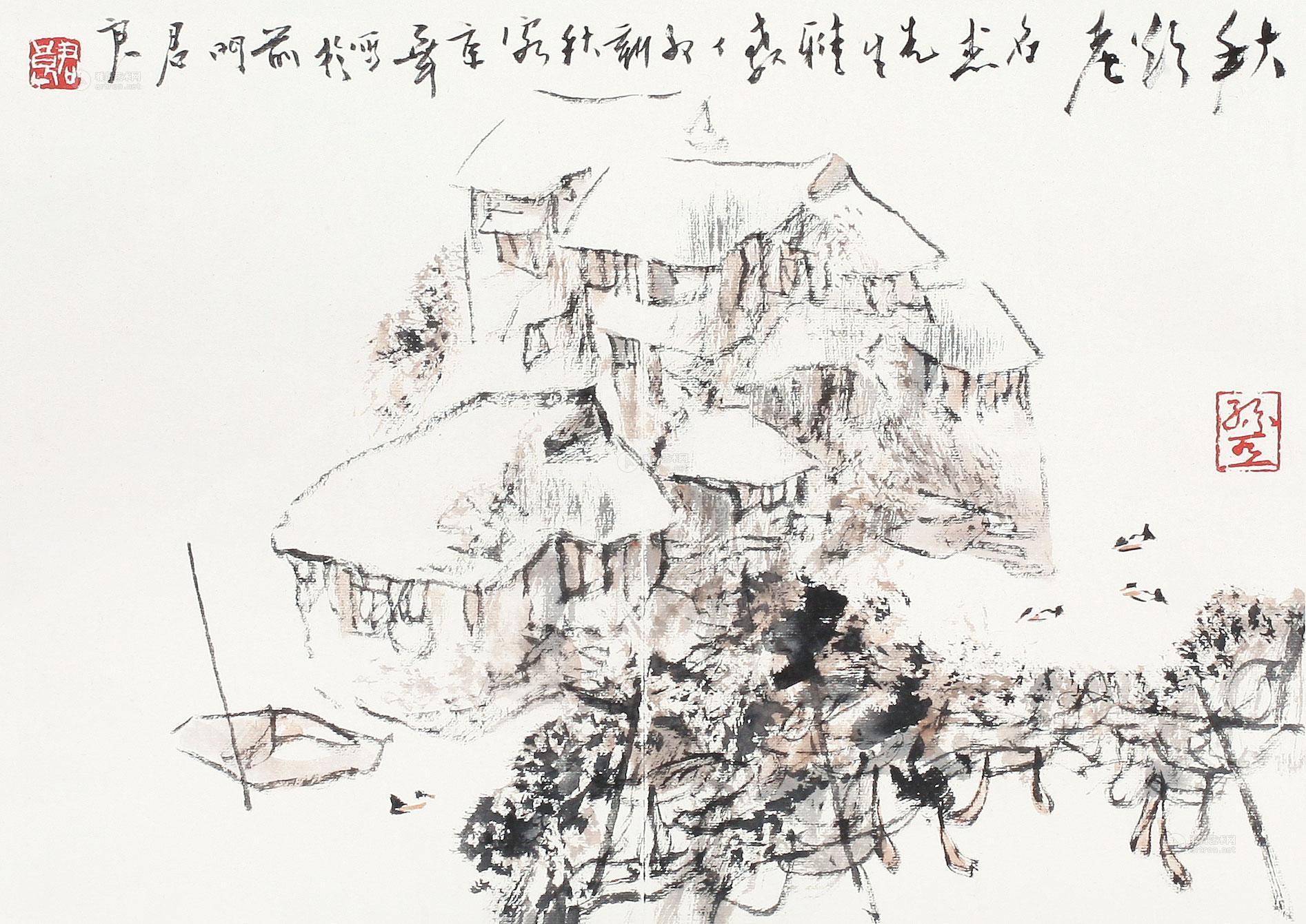 0932 1987年作 山村小景 镜心 纸本设色