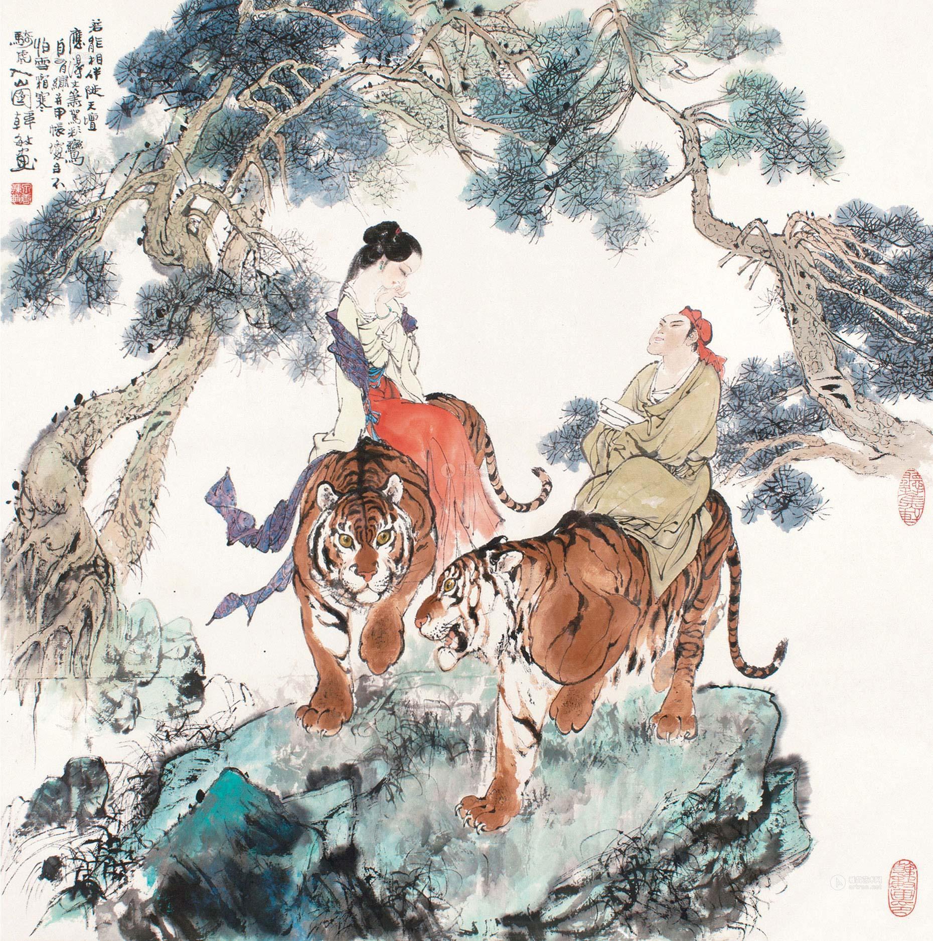 【骑虎入山图 镜框 设色纸本】拍卖品_图片_价格_鉴赏_绘画_雅昌艺术
