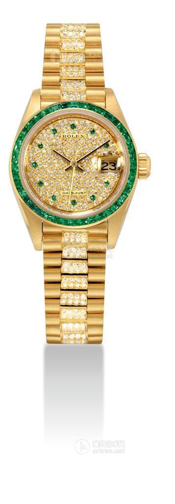 2555 劳力士,精细及罕有,18k金镶钻石及绿宝石,女装自动上弦链带腕表