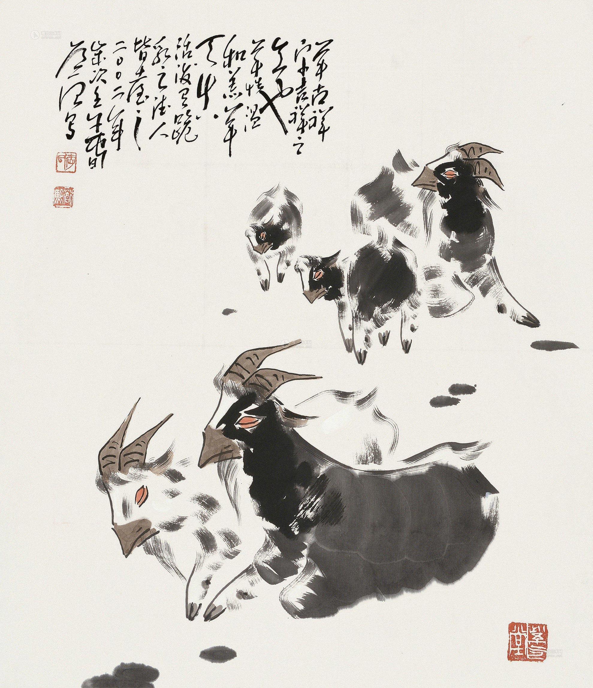0314 2002年作 五羊开泰 立轴 设色纸本