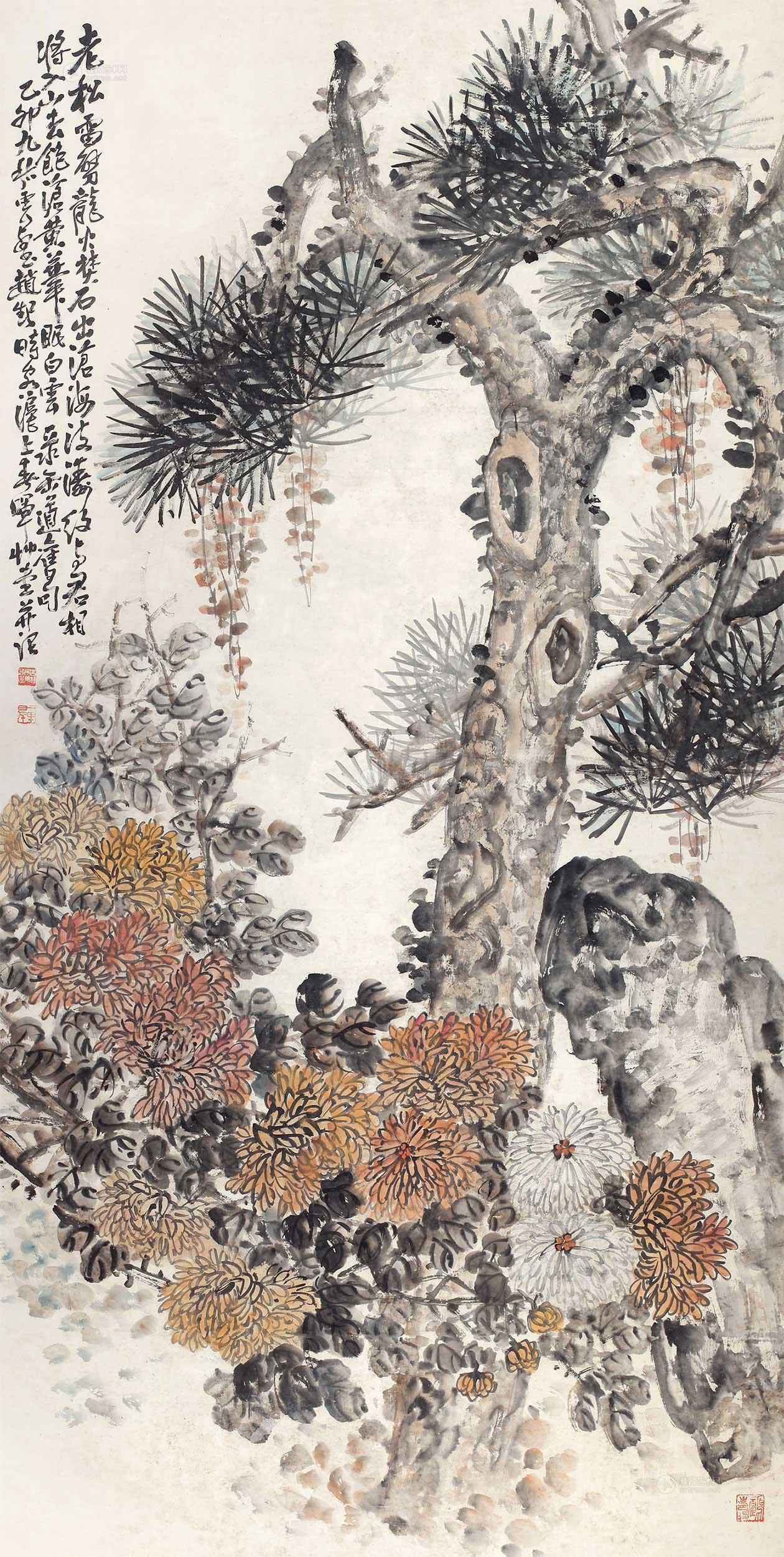 3021 菊石老松 立轴 设色纸本