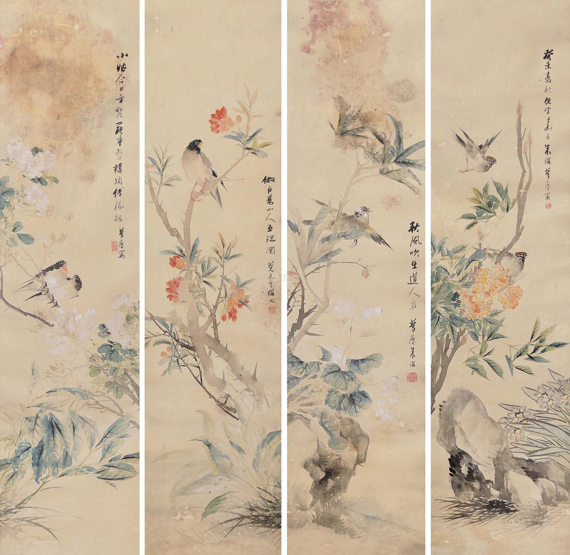 4043 1883年作 四季花卉(春夏秋冬) 四屏立轴 设色纸本
