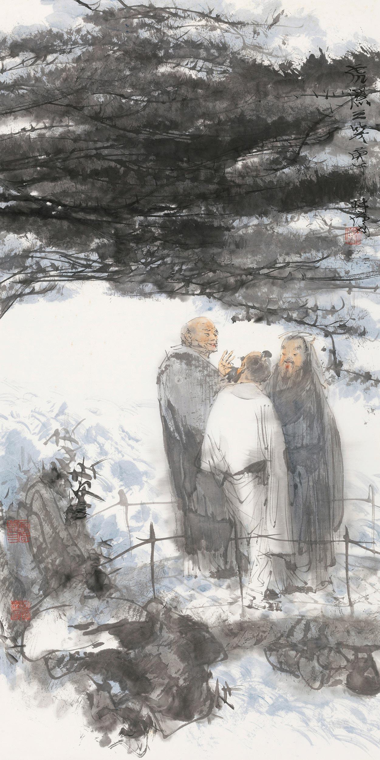 1658 1990年作 虎溪三笑 镜心 设色纸本
