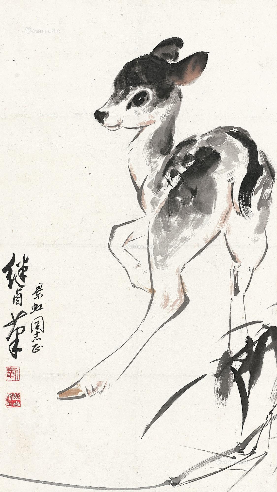 0384 小鹿 立轴 设色纸本