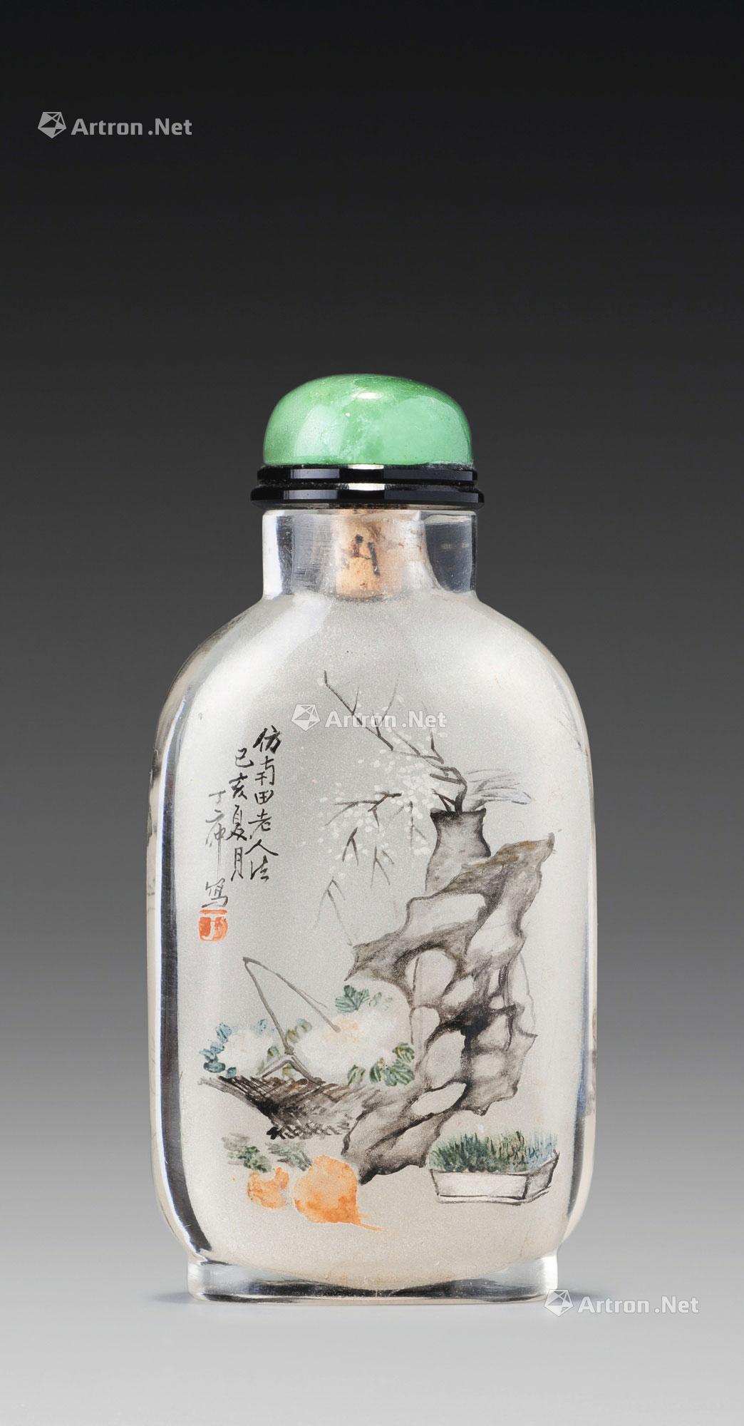 0148 1899年作 丁二仲作玻璃内画踏雪寻梅图鼻烟壶