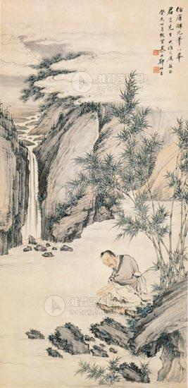 0329 癸未(1942年)作 仿唐伯虎山水人物 镜心