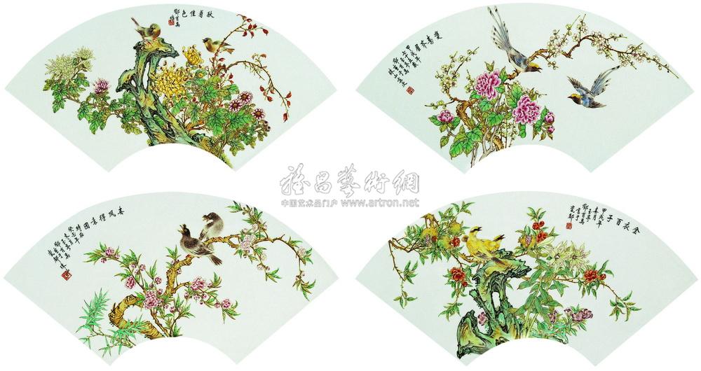 0402 现代 郑肖禹 粉彩四季花鸟屏(四件)