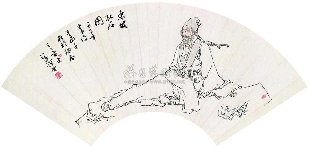0422 1977年作 东坡卧石图 扇面 设色纸本