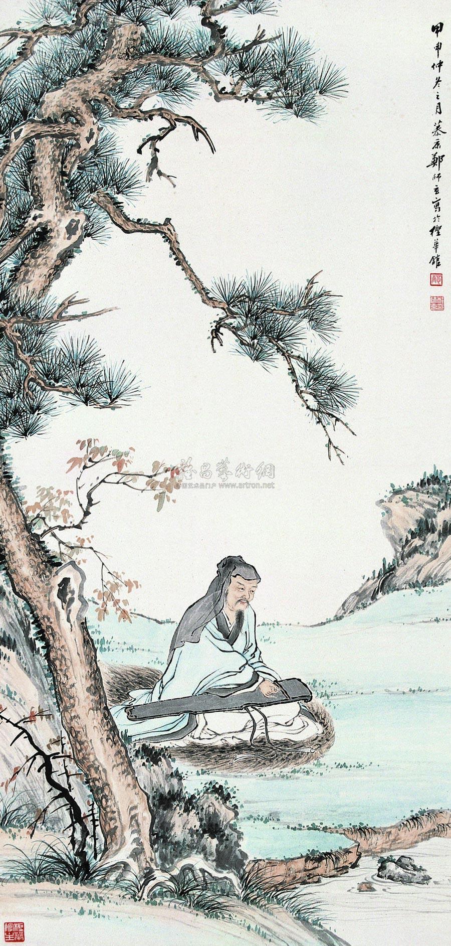0112 甲申(1944年)作 松下抚琴 立轴 设色纸本