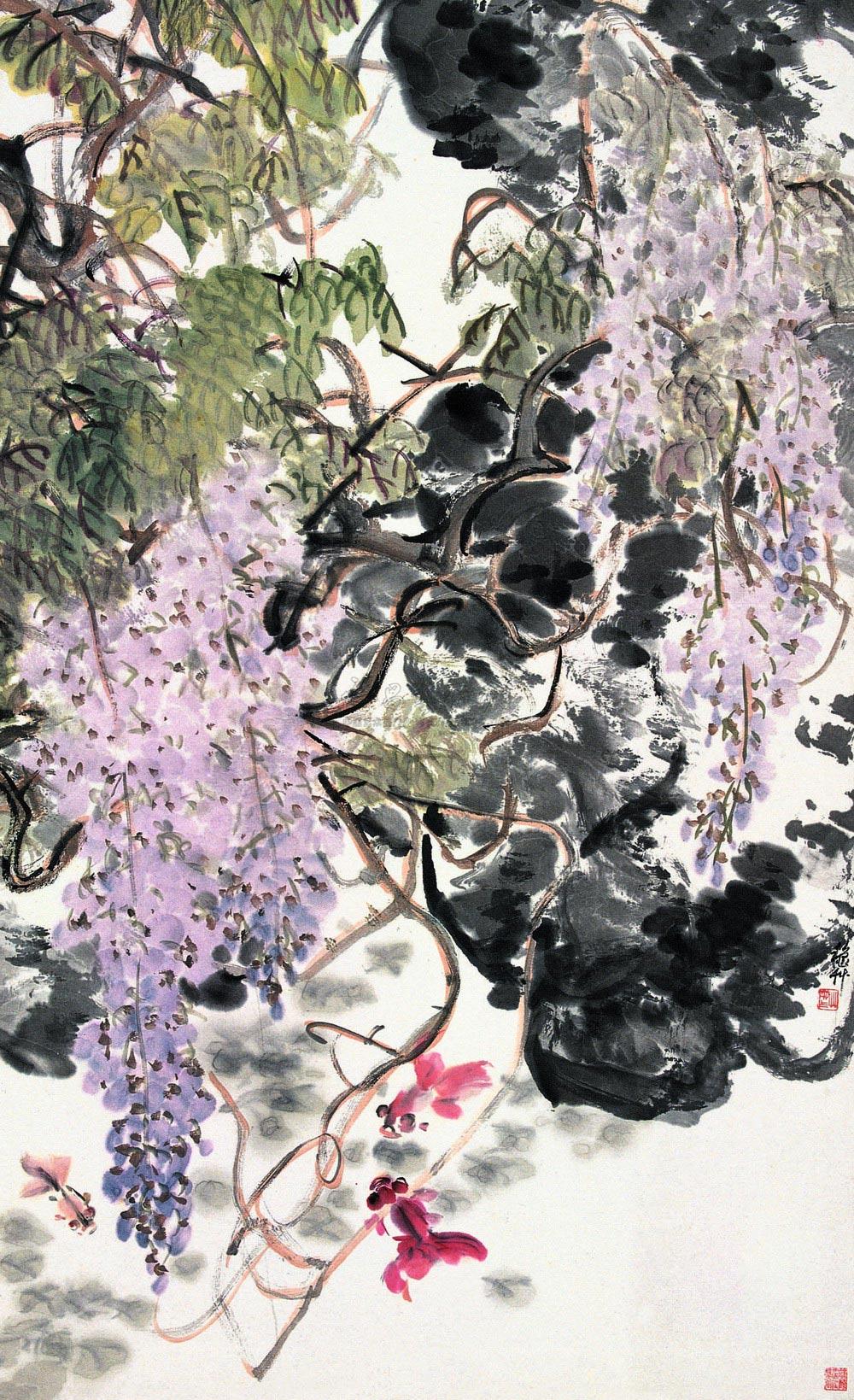 158 紫藤金鱼 立轴 设色纸本