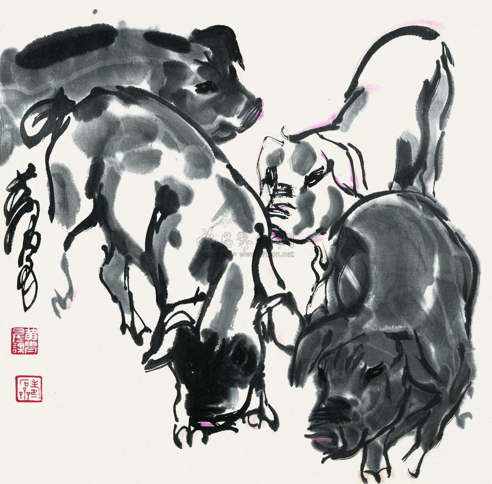 0746 四猪图 镜心 设色纸本
