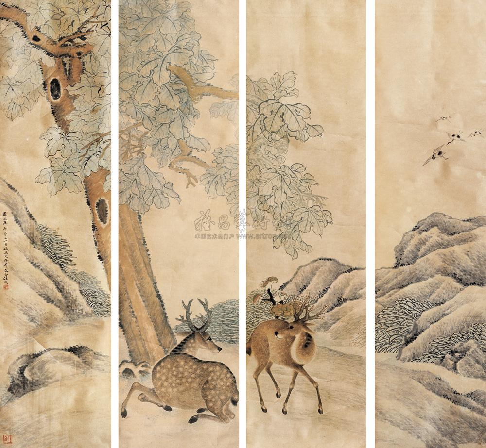 04881891年作鹿鹤同春通景四屏设色柴火房纸本带房子图纸层农村一v柴火图片
