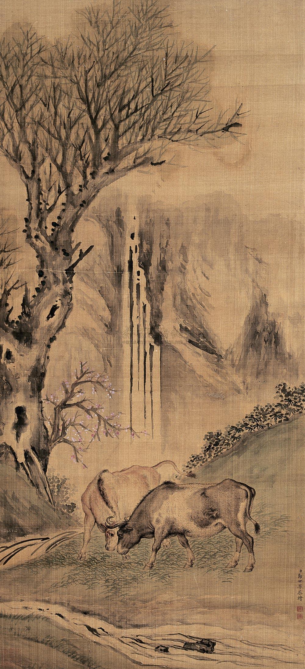 1581 山涧斗牛图 立轴 绢本