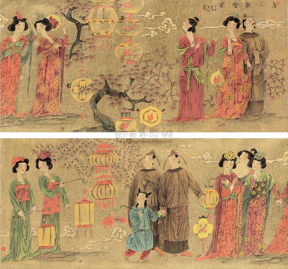 【唐人观灯图 镜心 设色纸本】拍卖品_图片_价格