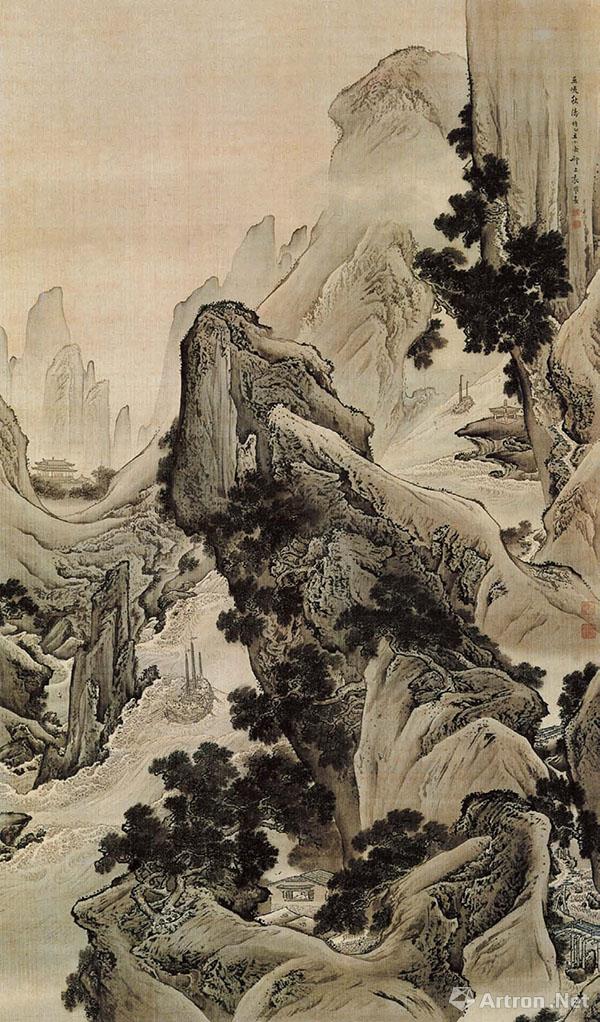 袁江的《骊山避暑图》规模宏大,内容丰富,色彩鲜明,属袁江山水界画