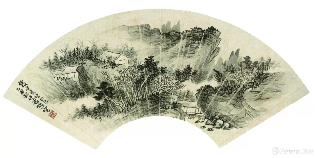 萧谦中 山居图折扇面 纸本设色