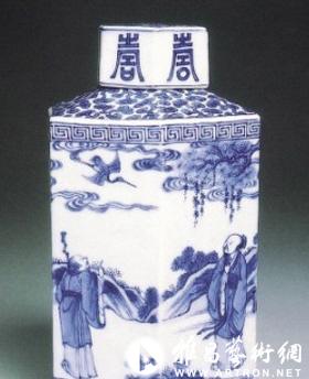 清康熙青花六方山水人物茶叶罐图片