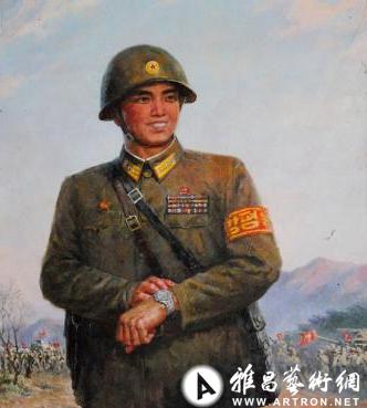他扶腕看表,指挥着身后的千军万马,画家将朝鲜军人风纪严谨,奋发向上
