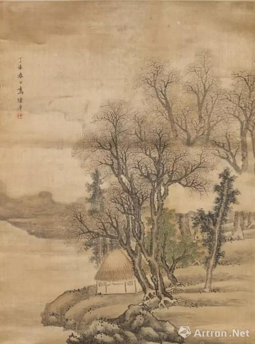 【清】陈卓《疏林茅屋图轴》69.5×52cm 绫本设色