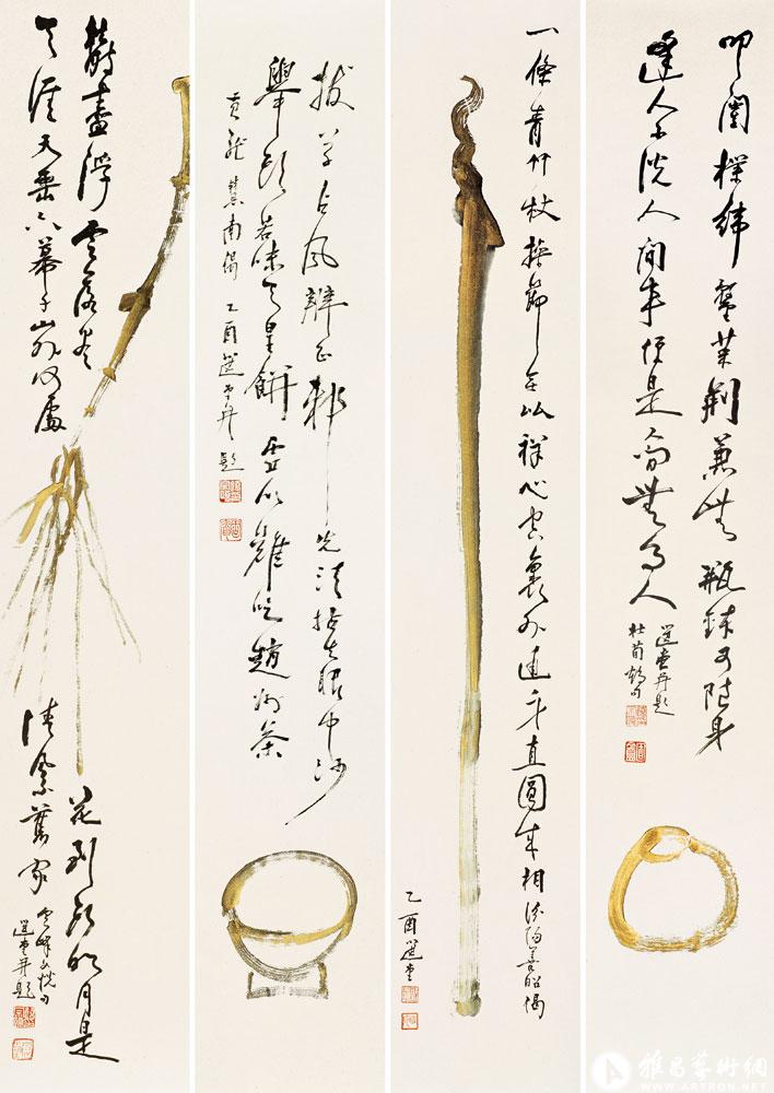 金墨绘禅门四事四屏<br>^-^Four Zen Symbolic Accessories