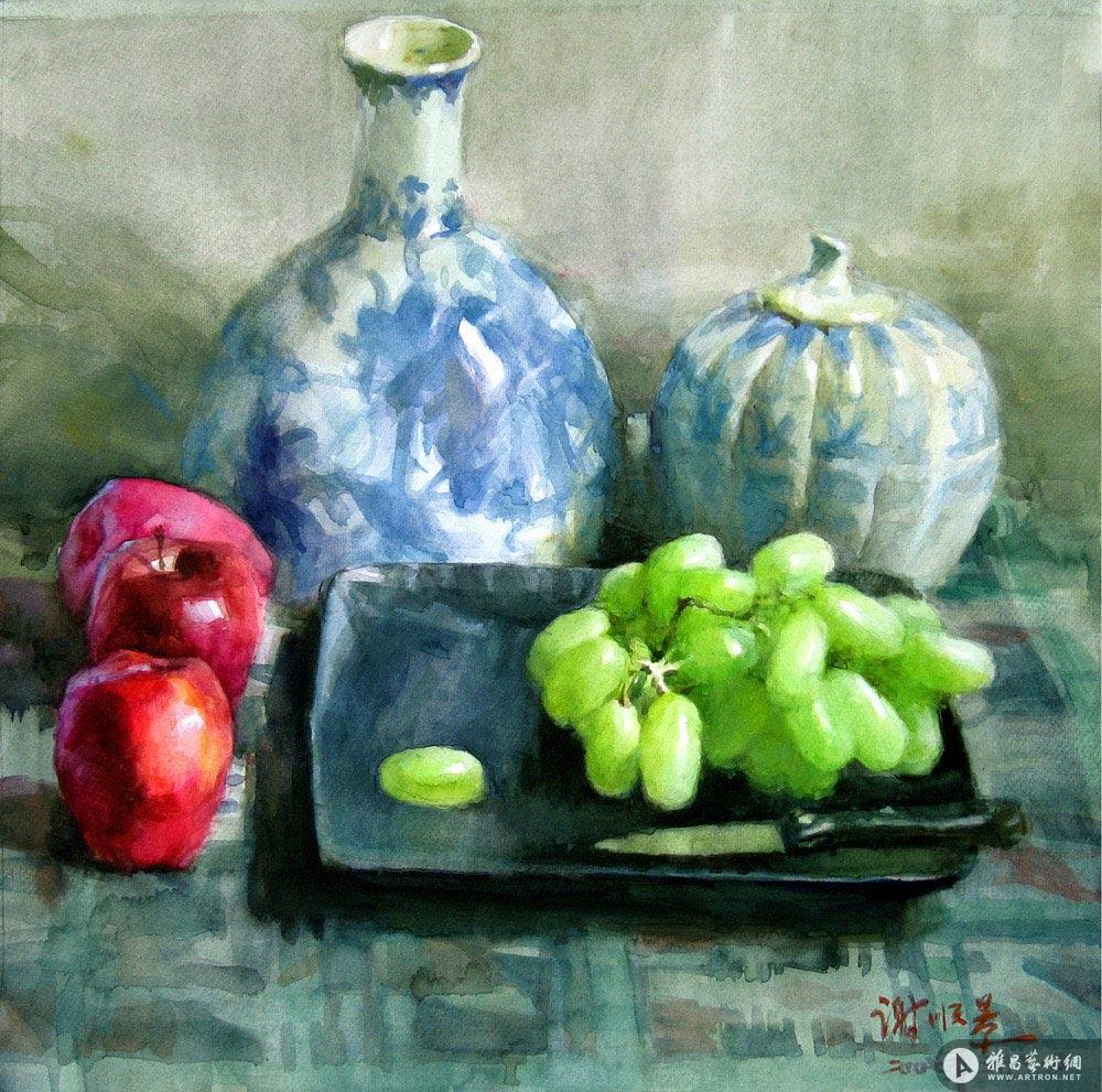 青花瓶与葡萄、蛇果