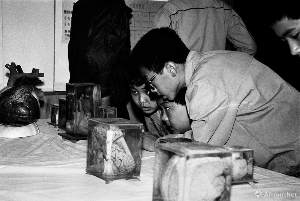 谢军作品：1992.6 沈阳 青年大街 学生在科学宫观看人体器官标本。