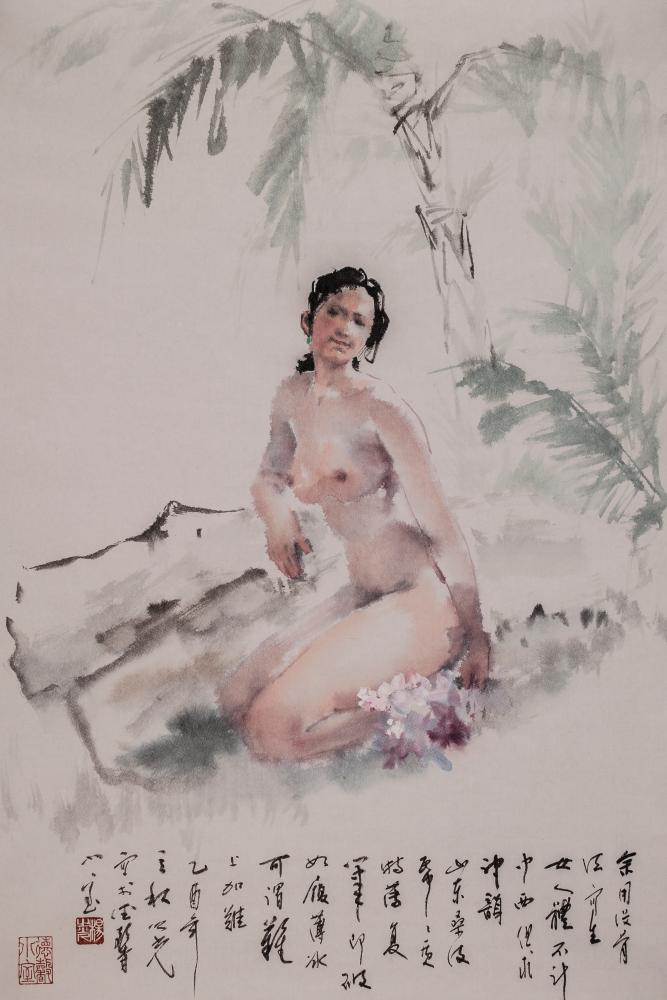 女人体和花原(山东桑皮纸画)
