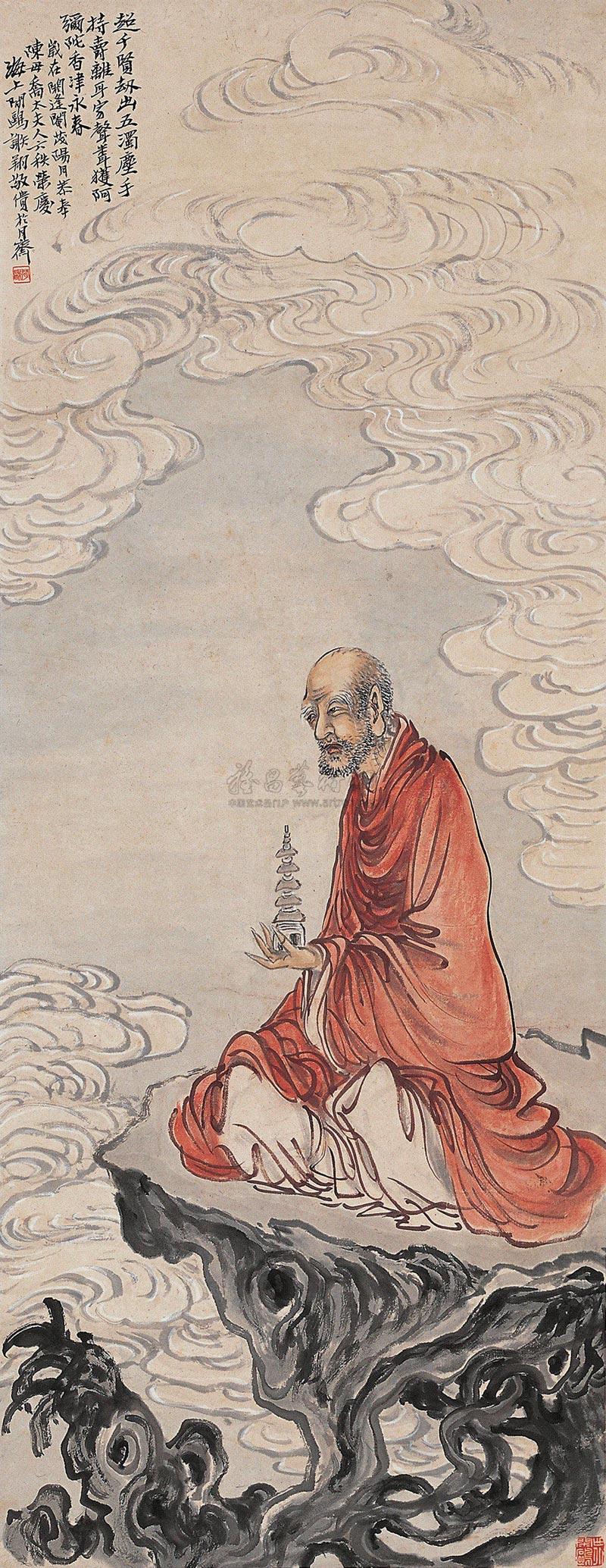 0528 红衣罗汉图 立轴 设色纸本