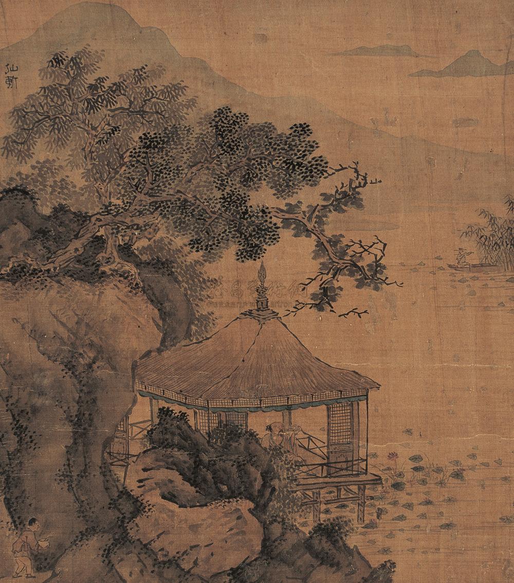 1539 茆亭读书图 立轴 绢本