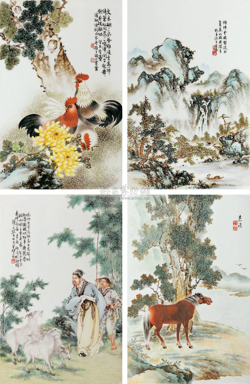 2579 刘雨岑,汪野亭,王大凡,张志汤 珠山八友粉彩瓷板 (四件)