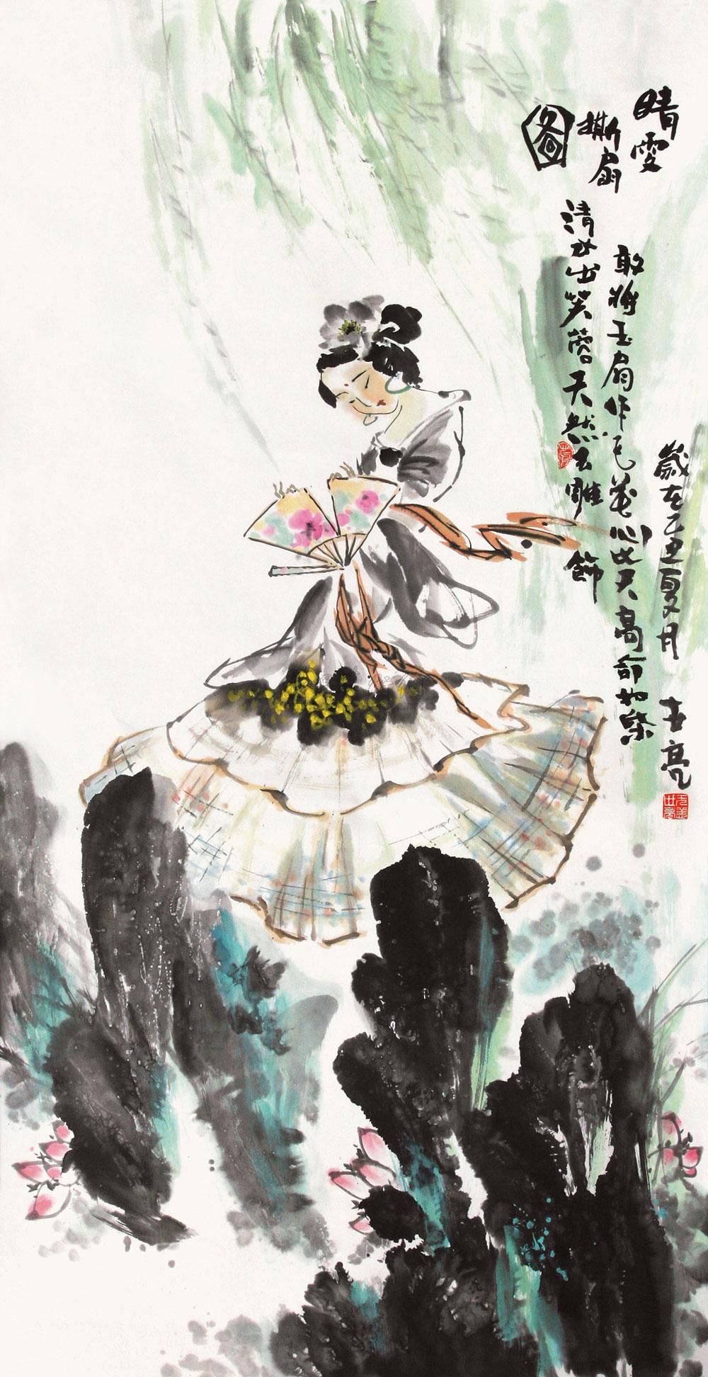 0324 2009年作 晴雯撕扇图 立轴 设色纸本