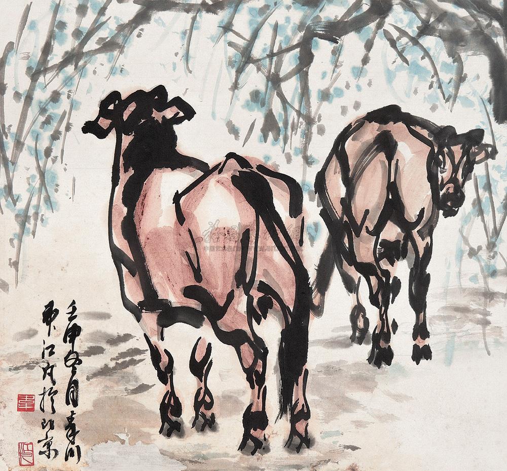 0295 双牛 镜心 设色纸本