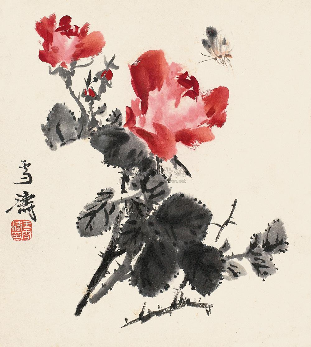 0349 蝴蝶月季 镜心 设色纸本