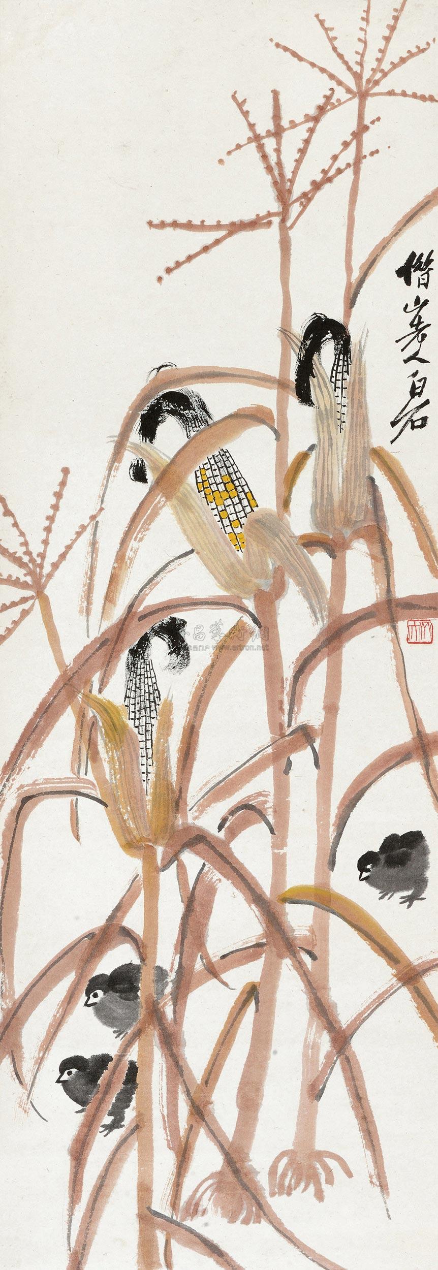 2114 玉米小鸡 立轴 设色纸本
