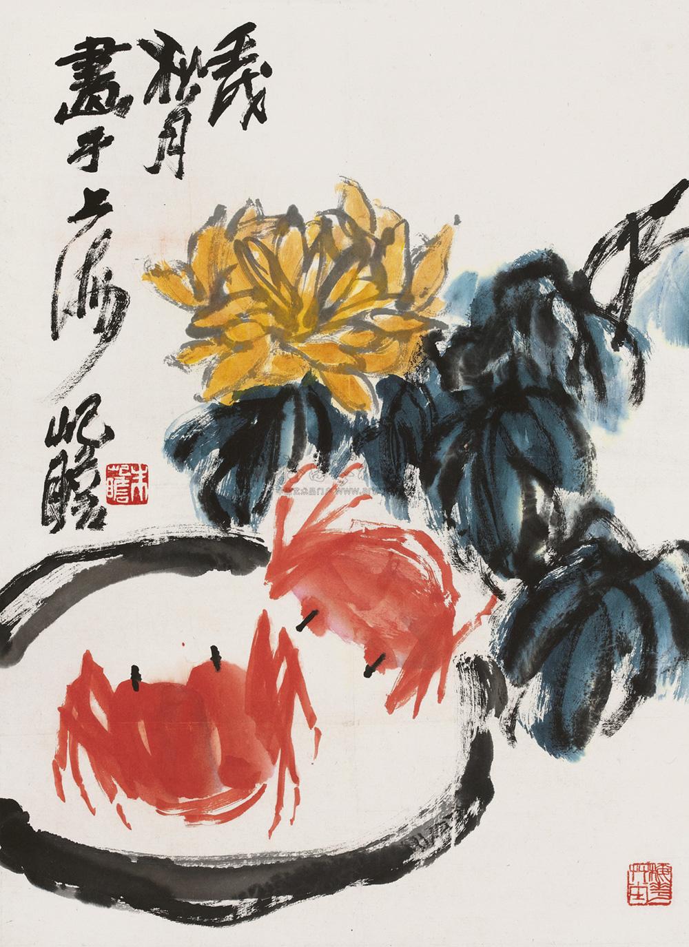0660 壬戌(1982年)作 菊蟹图 镜片 纸本