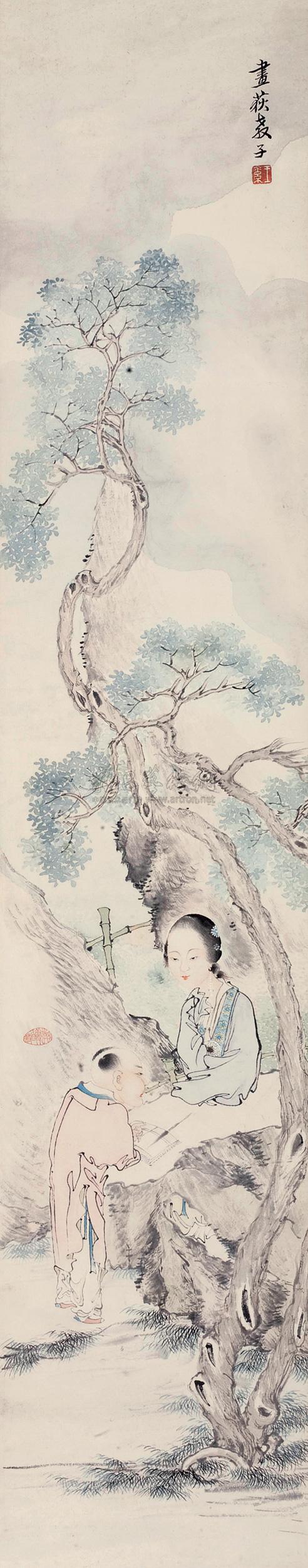 0253 画荻教子 立轴 纸本设色