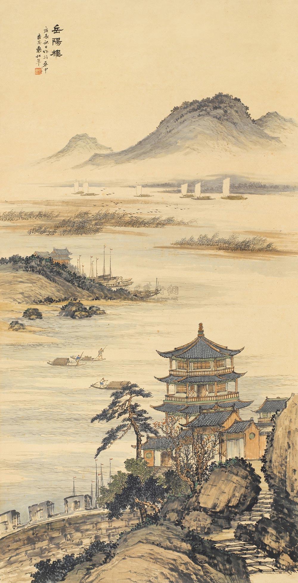 0138 庚辰(1940)年作 岳阳楼 立轴 设色纸本