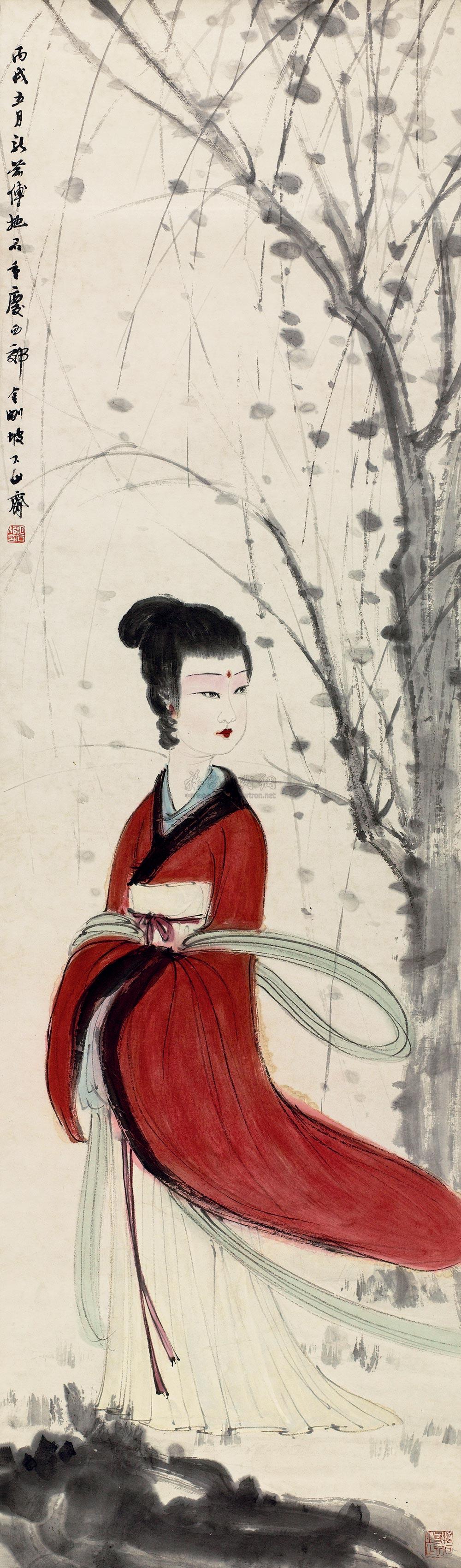 【1946年作 红衣仕女 立轴 设色纸本】拍卖品_图片_价格_鉴赏_绘画