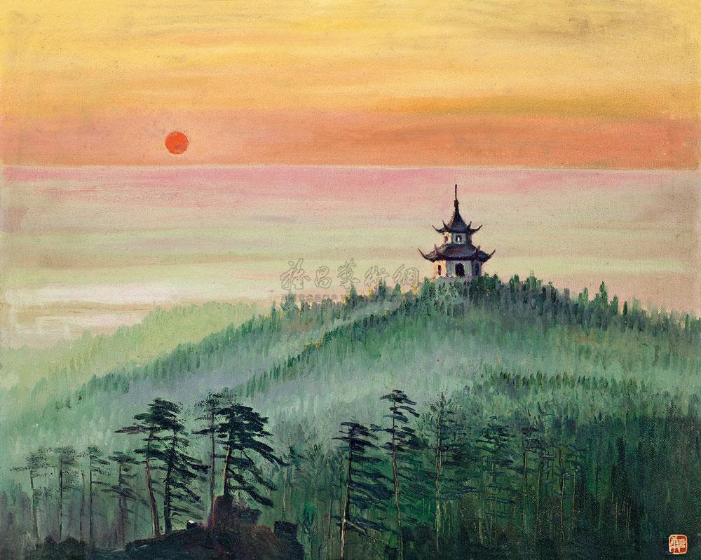 0050 日出 木板 油画